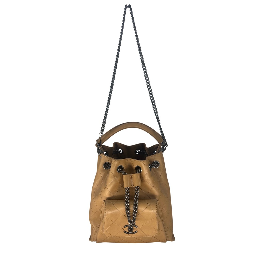 Chanel Urban Luxury Drawstring Bag Beige Quilted Leather Top Handle Shoulder Bag